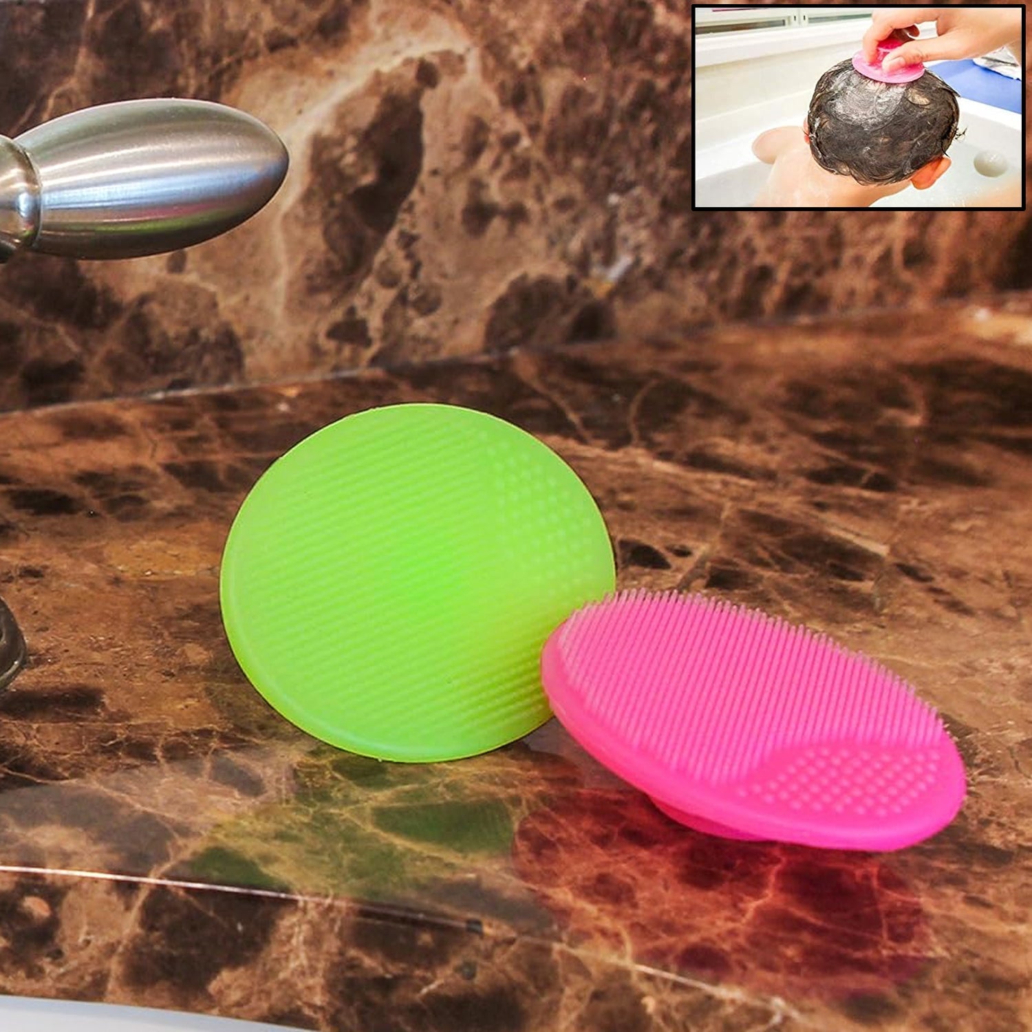 Soft silicone facial cleansing brush set in vibrant colors, ready for use.