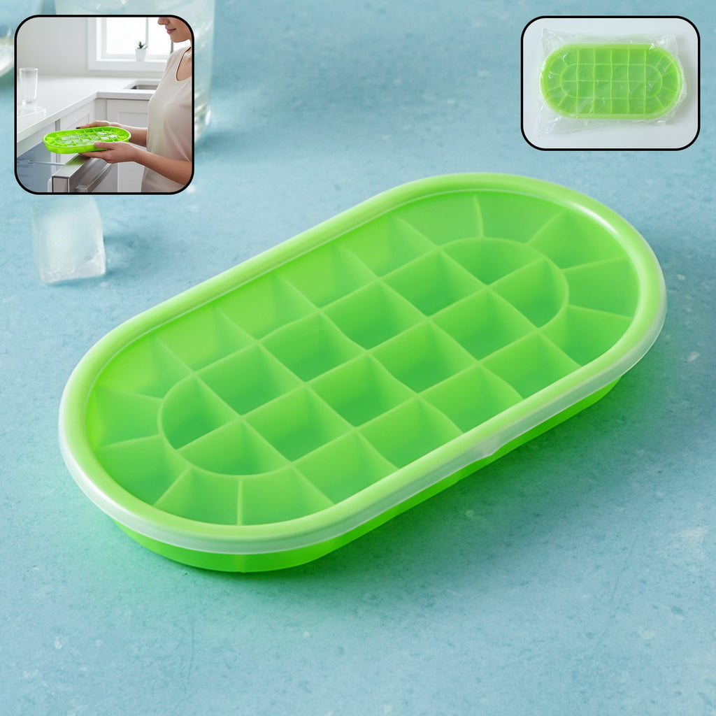 Oval silicone ice cube tray with lid for easy, odor-free freezing