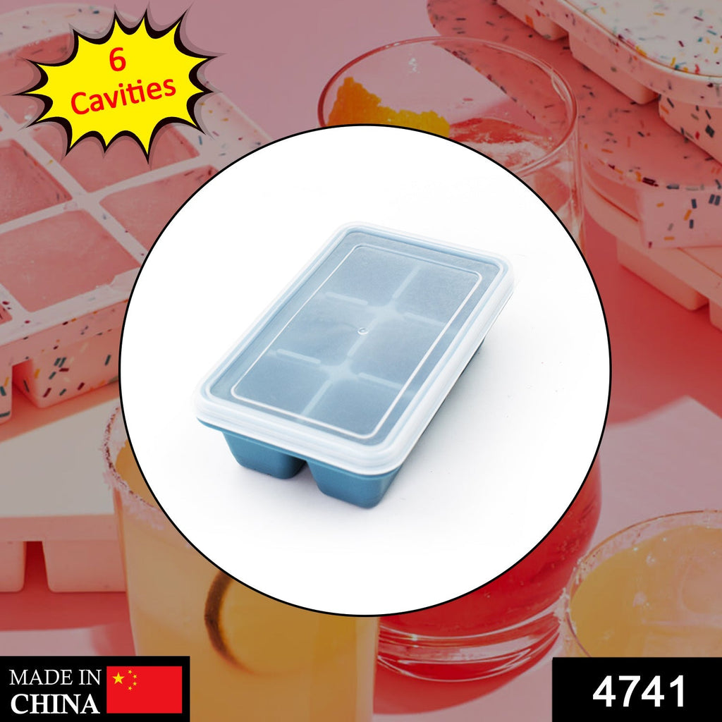 Blue 6-grid silicone ice tray on a clean white surface, ready to make ice.