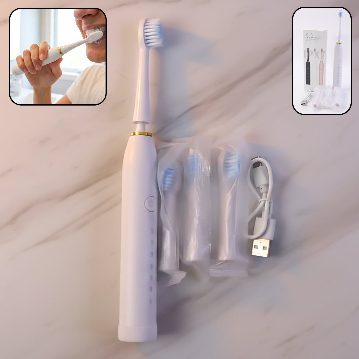 Electric toothbrush kit including four brush heads in white color