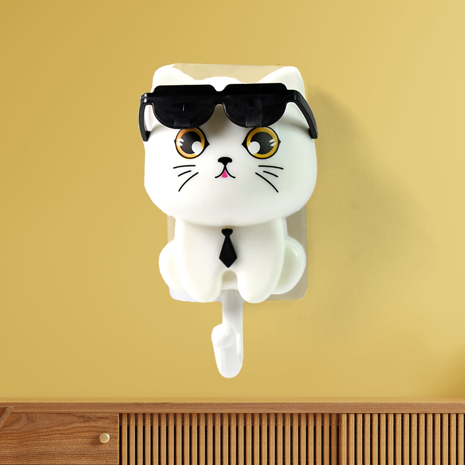 Cute cat wall hook in lavender with sunglasses down, ready to hold keys or coats.