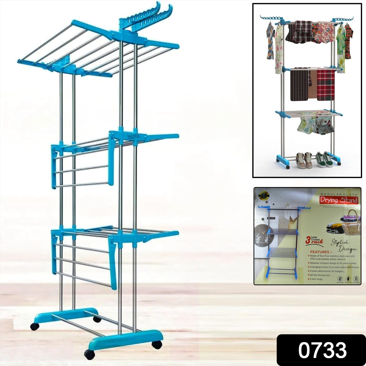 Foldable clothes drying rack showing its six horizontal wings fully extended.