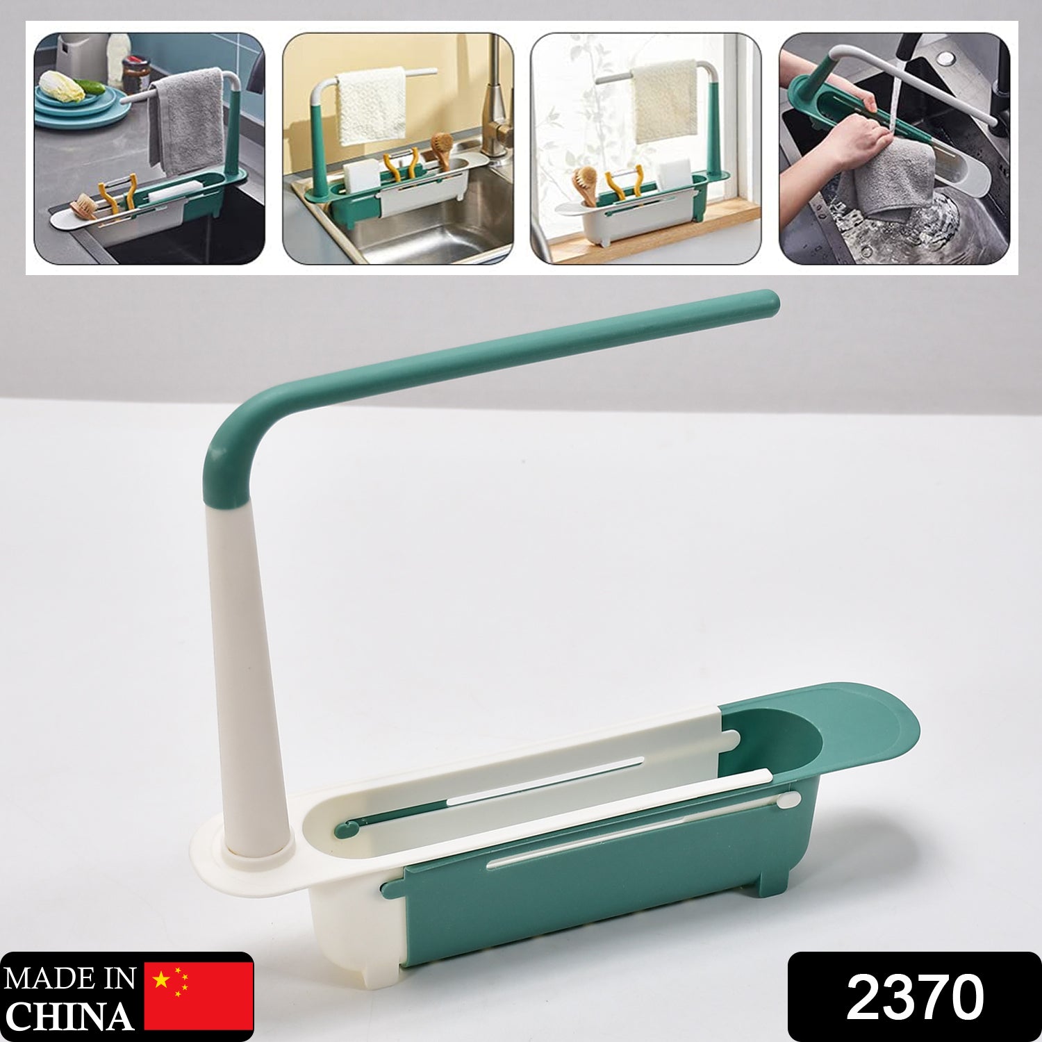 Versatile expandable dish drainer basket holding dishes, cutlery, and cleaning supplies above a sink.