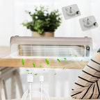 Portable air conditioning cooling fan showing compact design with adhesive hooks
