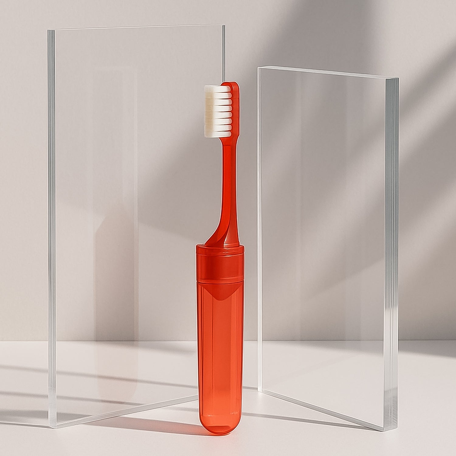 Foldable toothbrush with built-in travel case for hygiene on the go.