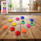 Colorful round refrigerator magnets set holding notes on fridge