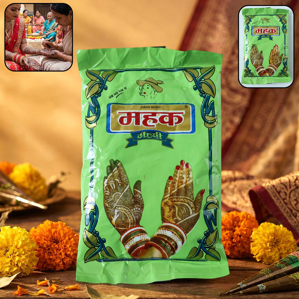 80g pack of Herbal Mehndi Powder with fresh henna leaves for natural body art