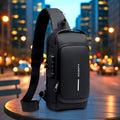 Black anti-theft crossbody sling bag featuring USB charging port and sleek design