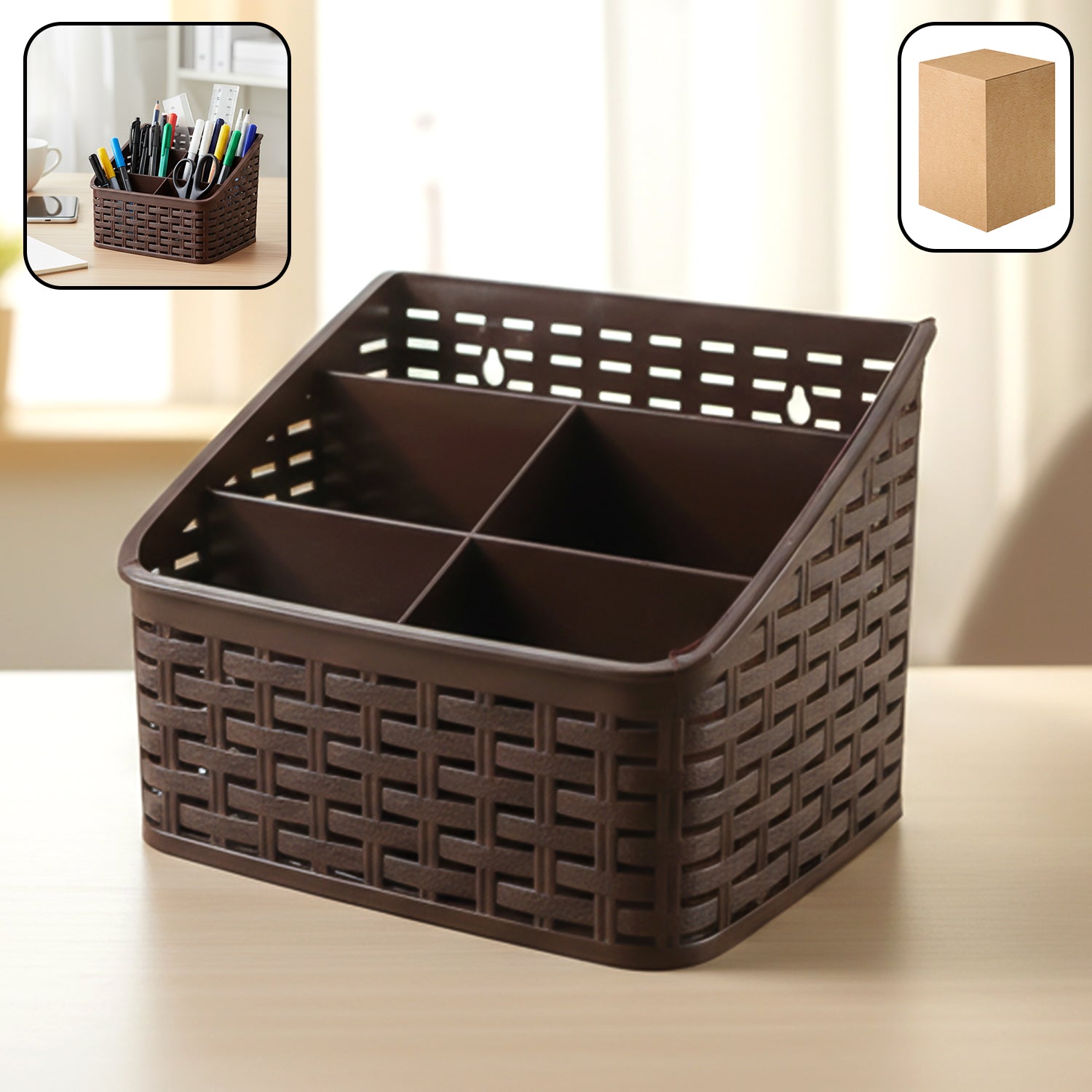 5 compartment desk organizer basket with woven design on office desk