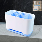 Multi-compartment toothbrush holder stand organizing various bathroom essentials