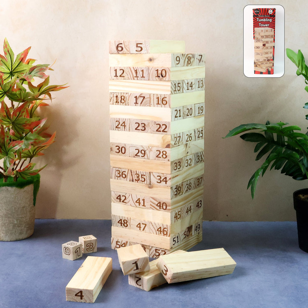 Numbered wooden tumbling tower game set blocks stacked