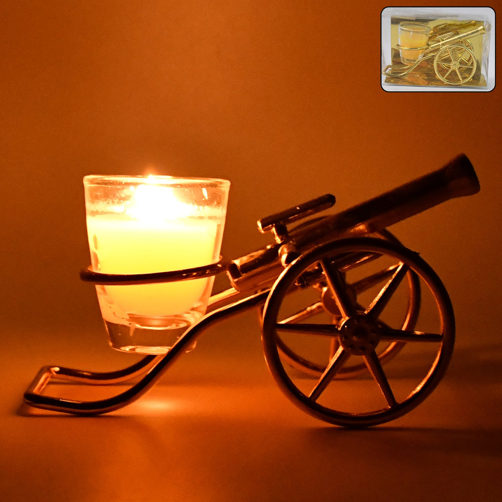Top Cannon tealight candle holder with glowing candle for Diwali decorations