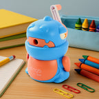 Cute teddy shaped kids pencil sharpener in pink with a removable tray.