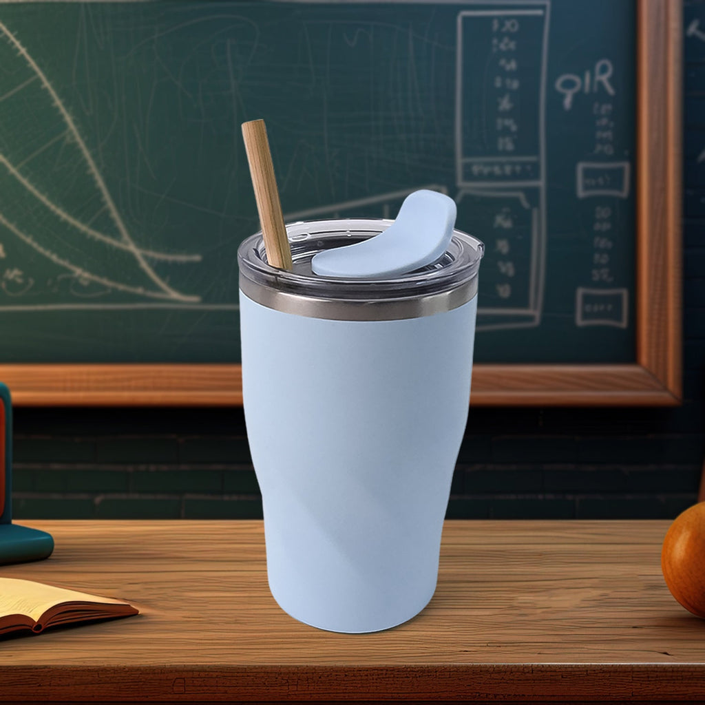 Insulated coffee mug made of stainless steel with wooden straw, 350ml capacity