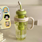 Cute ice cream themed water bottle with integrated straw and handle