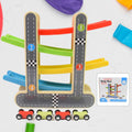 Wooden race track set with four levels and colourful mini cars, ready for play.