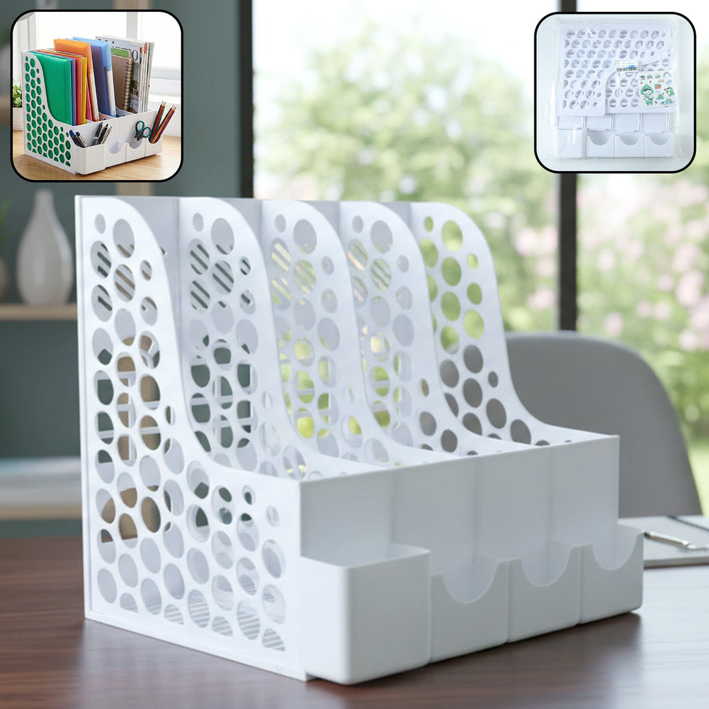 Desk organizer file holder with vertical slots and pen compartments on a workspace.