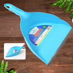 Heavy-duty plastic dustpan with a comfortable handle for efficient dust collection.