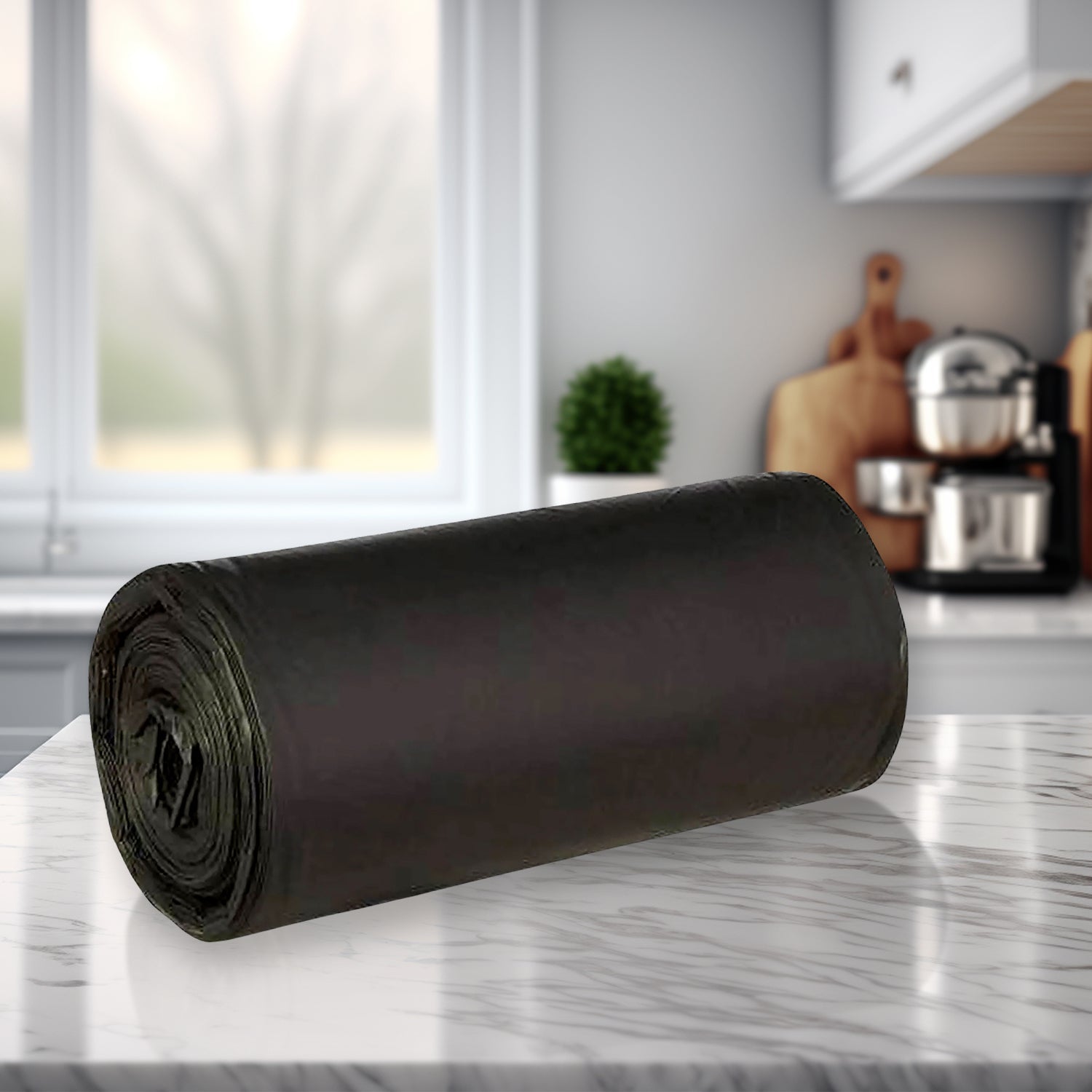 A roll of black garbage bags with a tie-tape for easy and hygienic waste disposal.