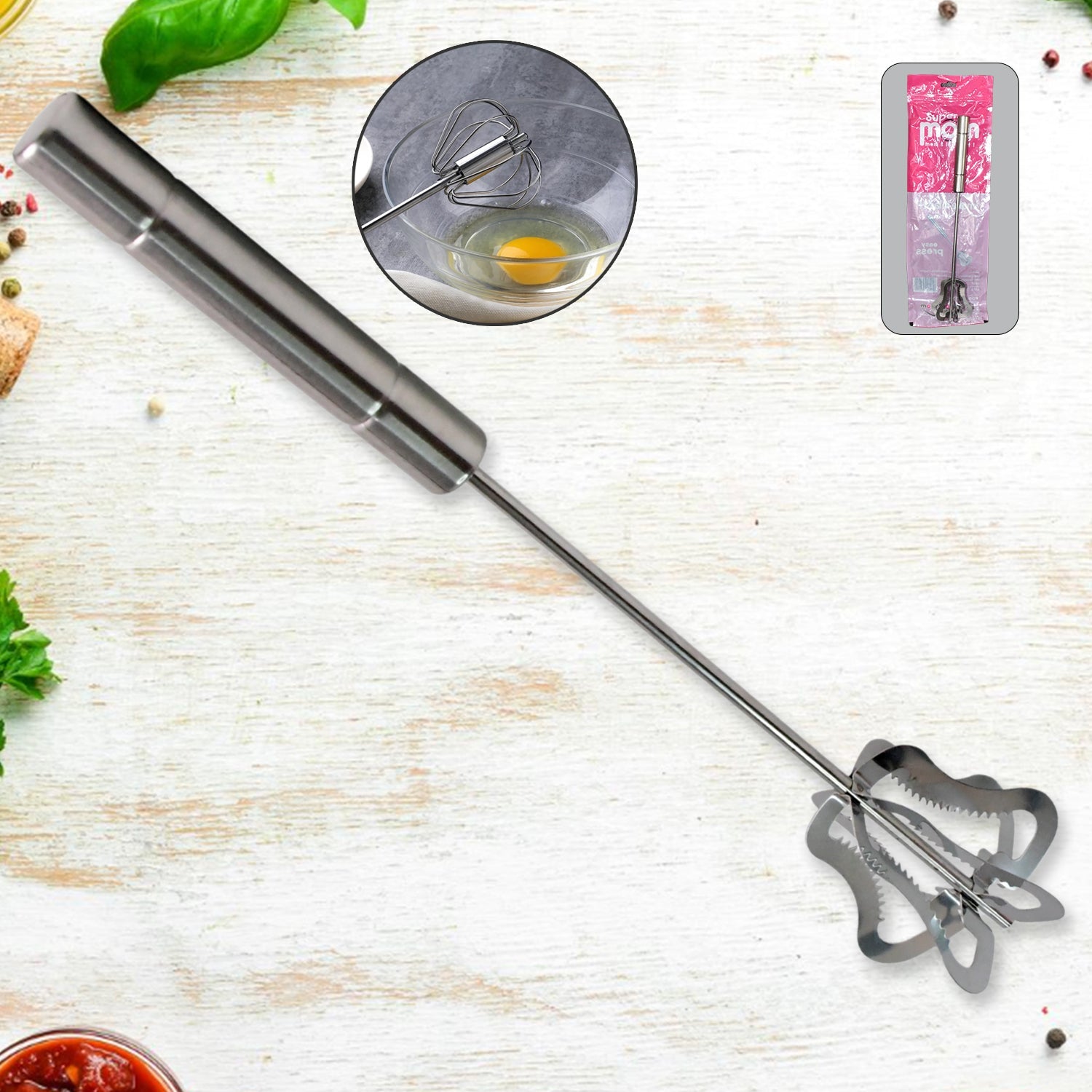Stainless steel handy churner with blades and easy-press handle for kitchen use