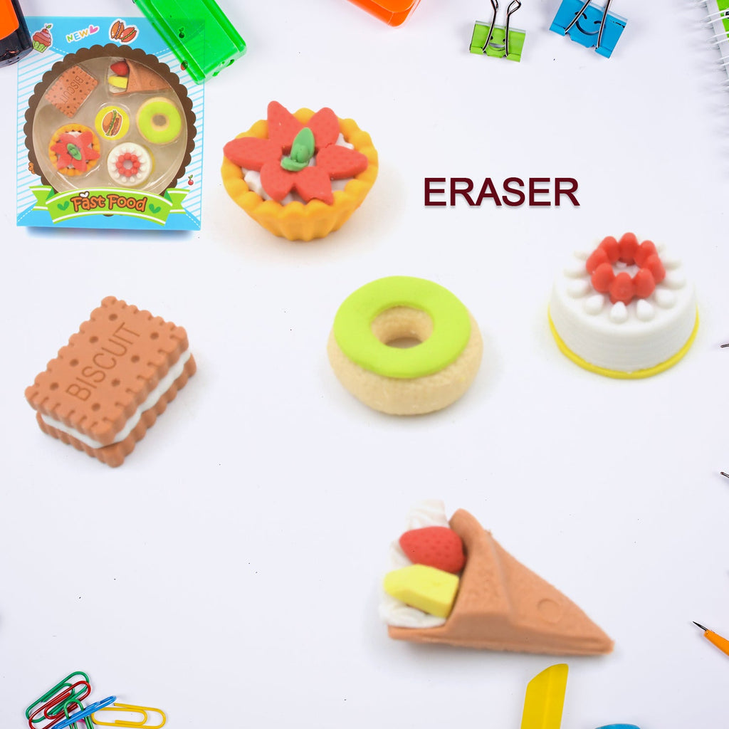 Vibrant 3D fast food erasers neatly arranged on a white background.