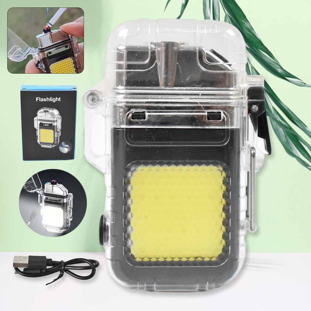USB rechargeable electric lighter flashlight with transparent body and COB light.