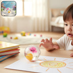 Light-up bouncy ball with transparent shell and floating glitter