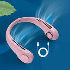 Front view of the sleek bladeless neck fan in white, ready for hands-free cooling.