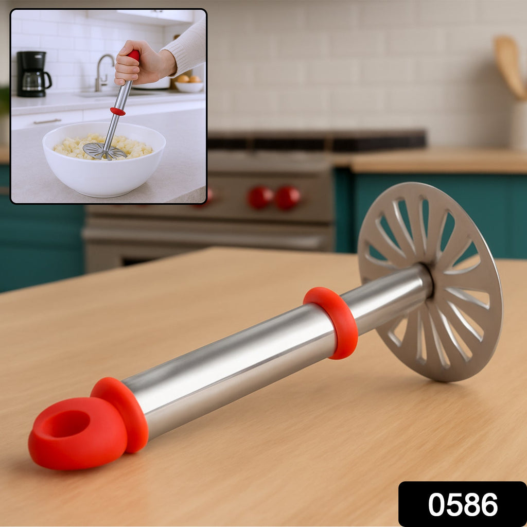 Close-up view of the wide mashing plate on this durable stainless steel vegetable masher.
