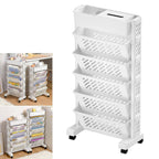 Large 5-tier movable plastic bookshelf with wheels in modern home setting