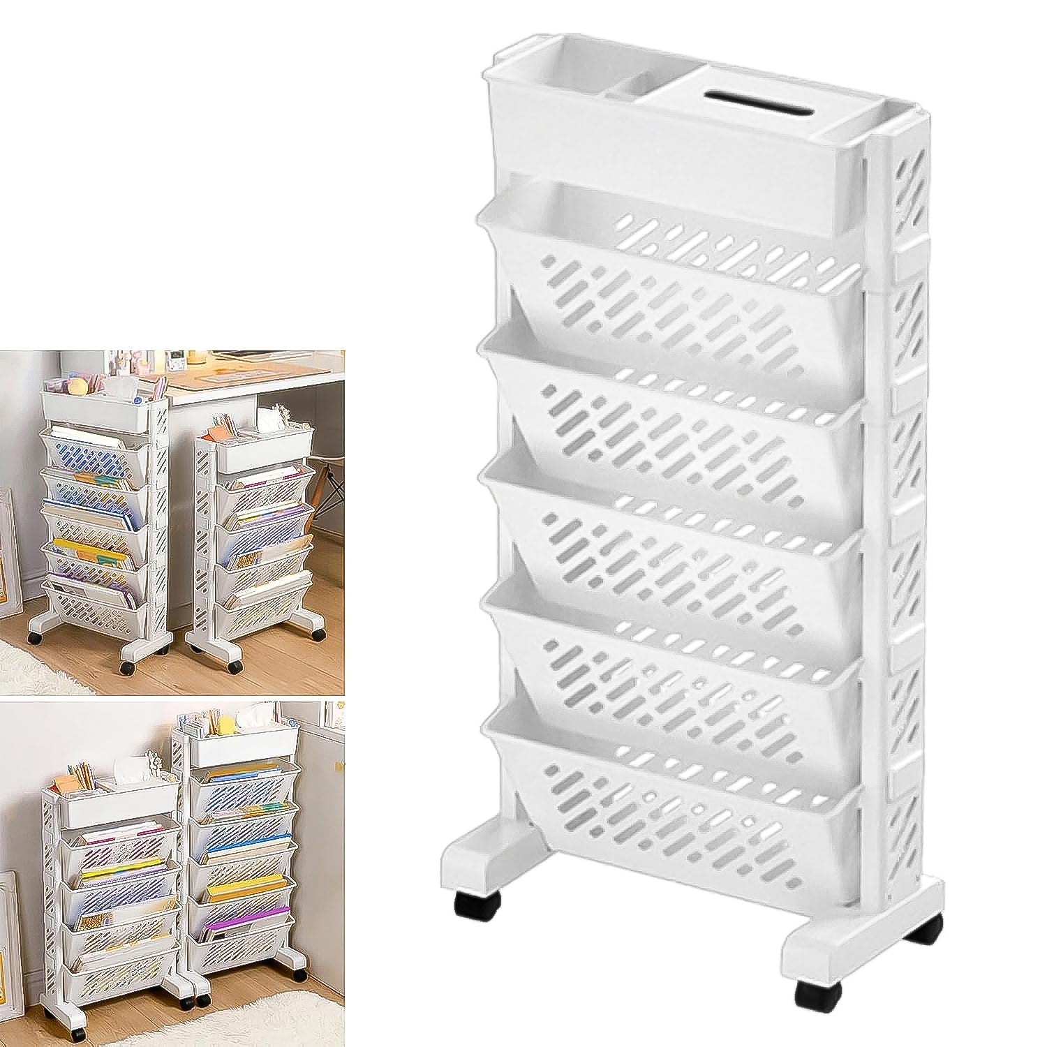 Large 5-tier movable plastic bookshelf with wheels in modern home setting