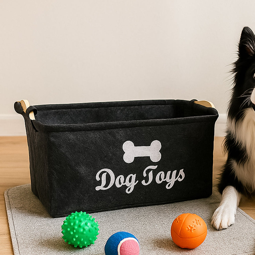 Felt Pet Toy Storage Basket with 'Dog Toys' print for organised play area.