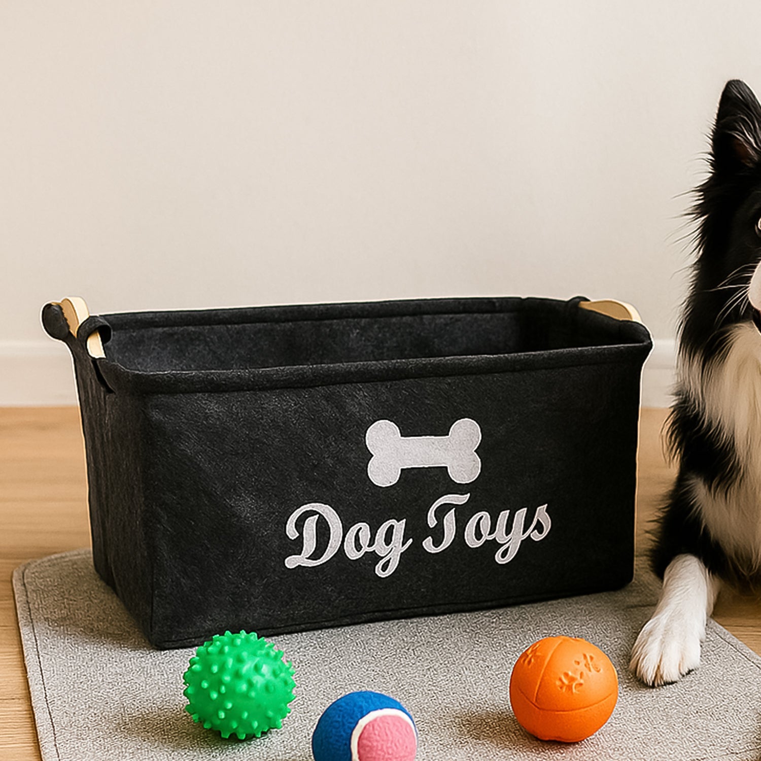 Felt Pet Toy Storage Basket with 'Dog Toys' print for organised play area.