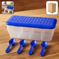 Airtight 4-section storage container with 4 spoons, full of spices on a white background.