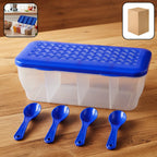 Airtight 4-section storage container with 4 spoons, full of spices on a white background.