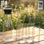 Plastic water jug with 6 glasses, transparent drinkware set for home