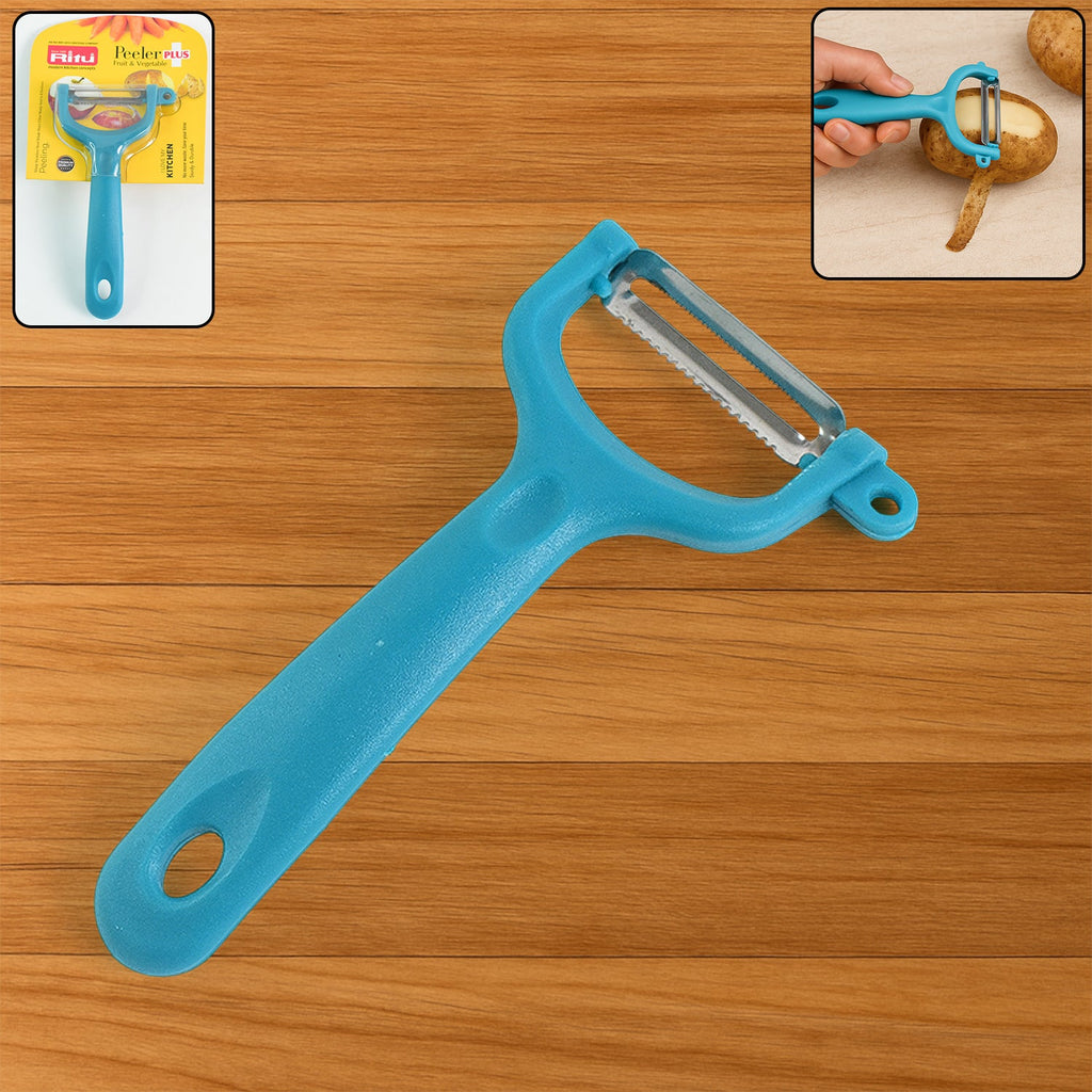 Close-up of the Y-shaped vegetable peeler, highlighting its sharp serrated blade.