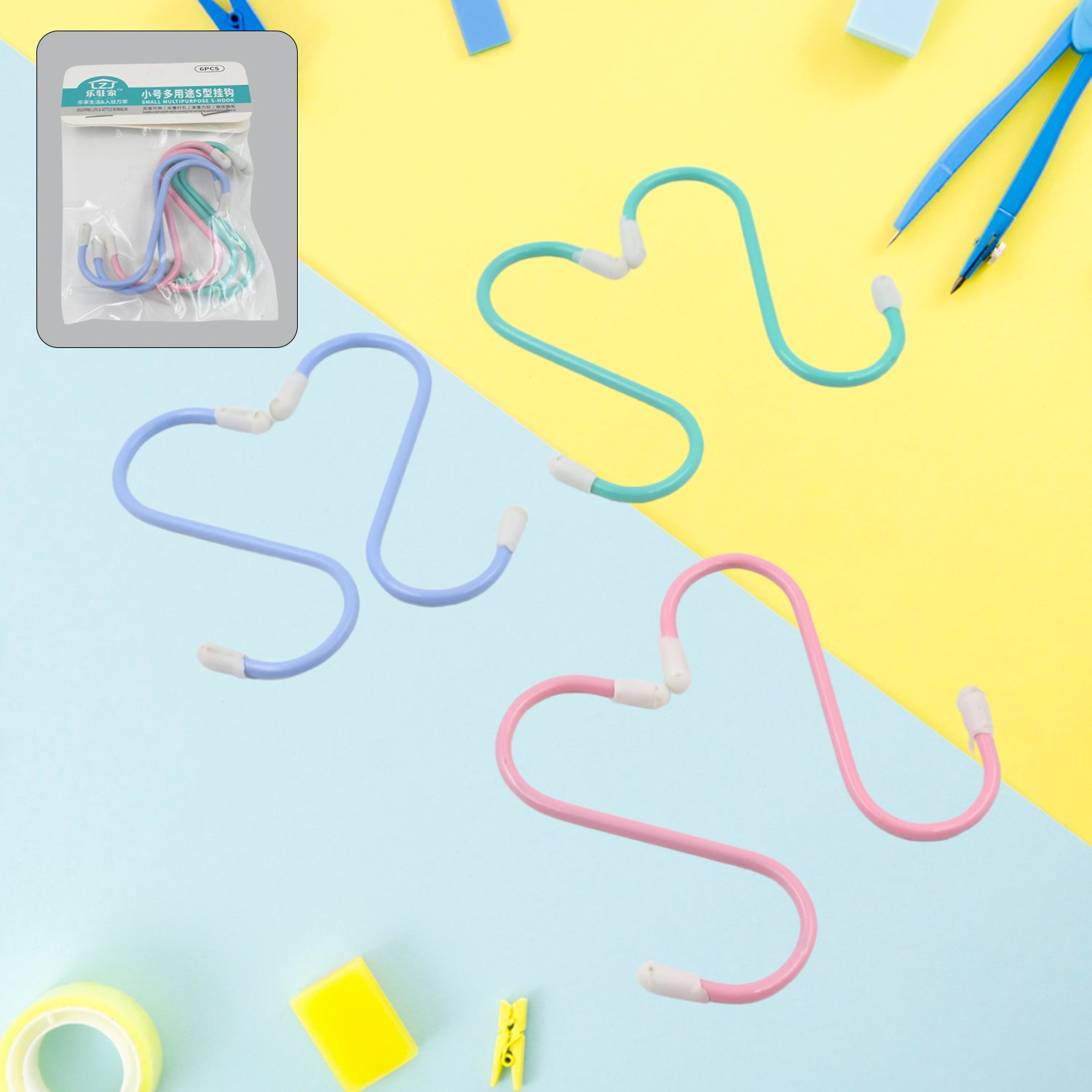 An array of items, including bags and accessories, efficiently hung with S hooks for storage.