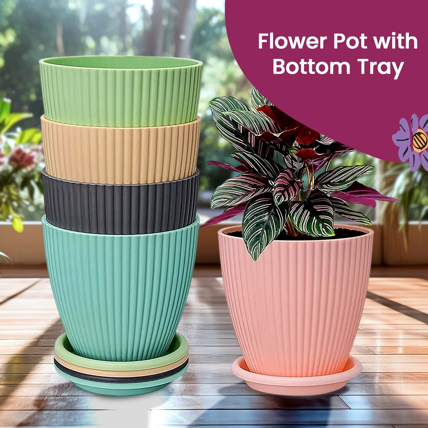 A plant thriving in a black plastic flower pot, ideal for both indoor and outdoor settings.