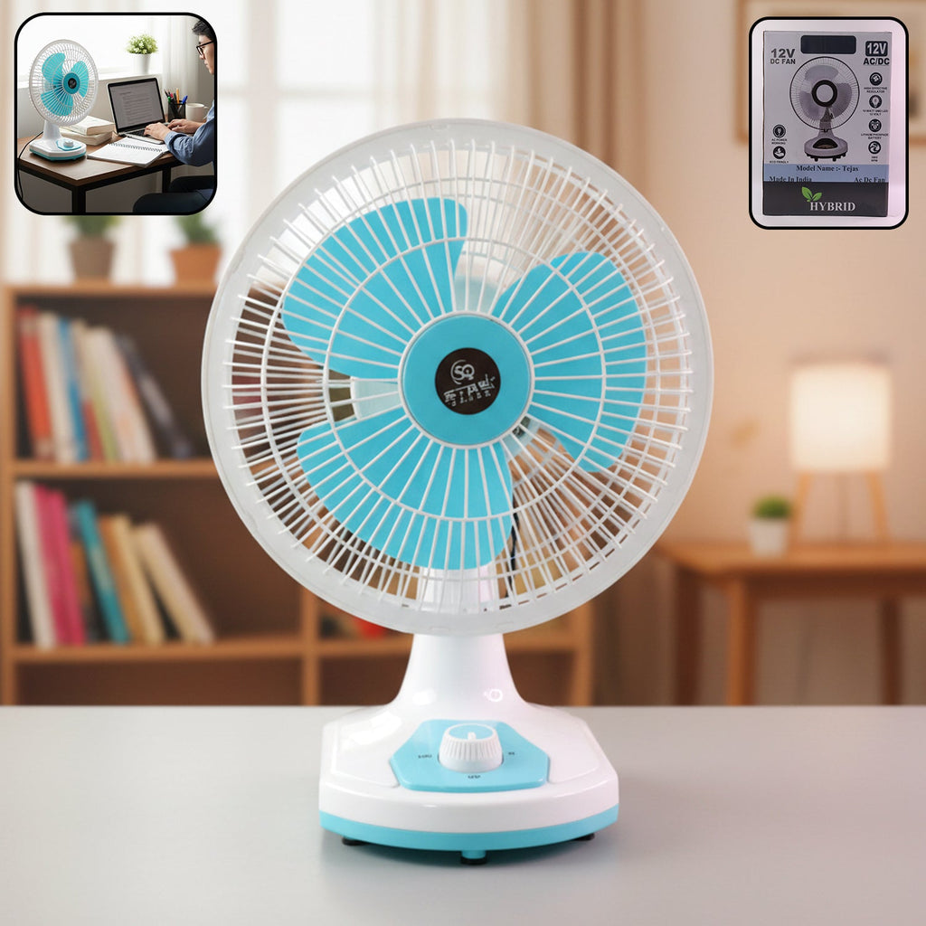 Portable 12V DC table fan with adjustable speed control and safety grill