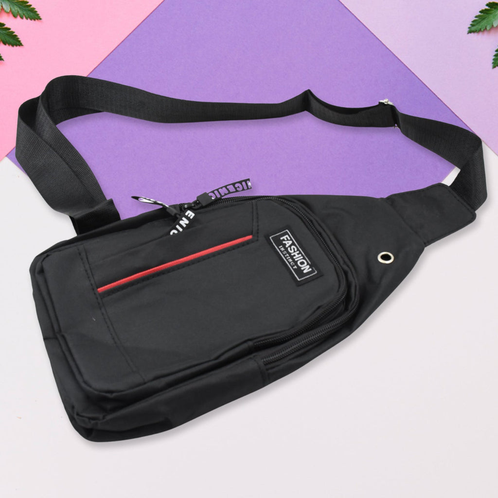 Stylish black and grey anti-theft sling bag with durable waterproof material.