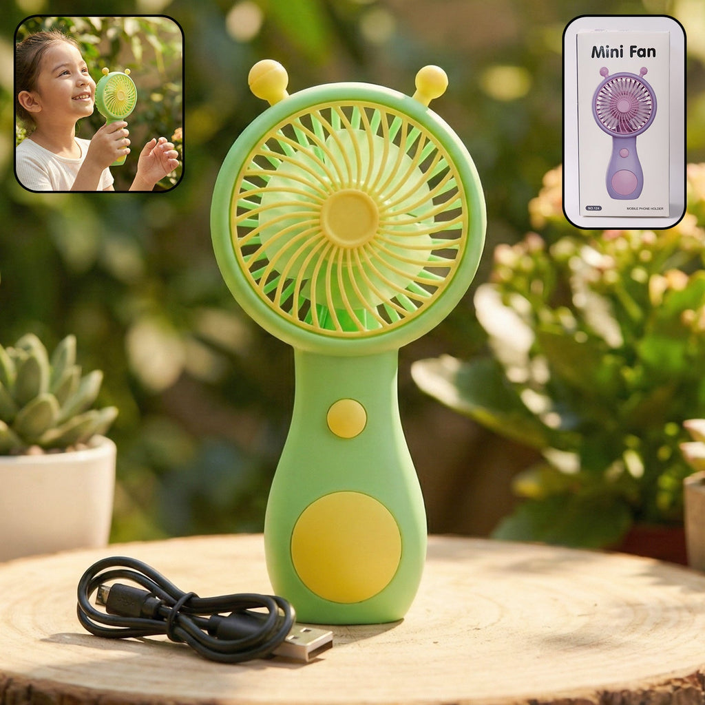 Rechargeable mini handheld fan with cartoon style and USB charging port