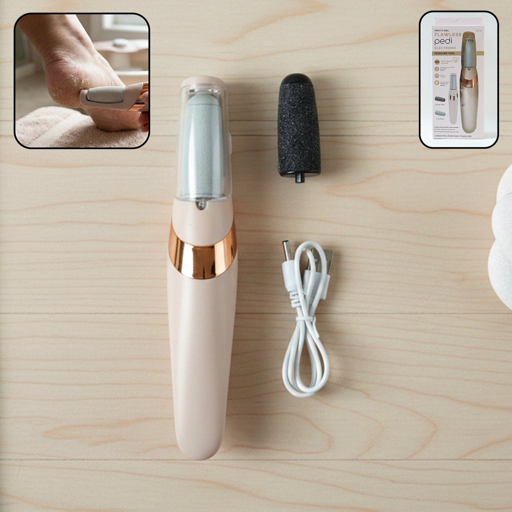 Rechargeable electronic pedicure tool with USB charging cable for smooth feet.
