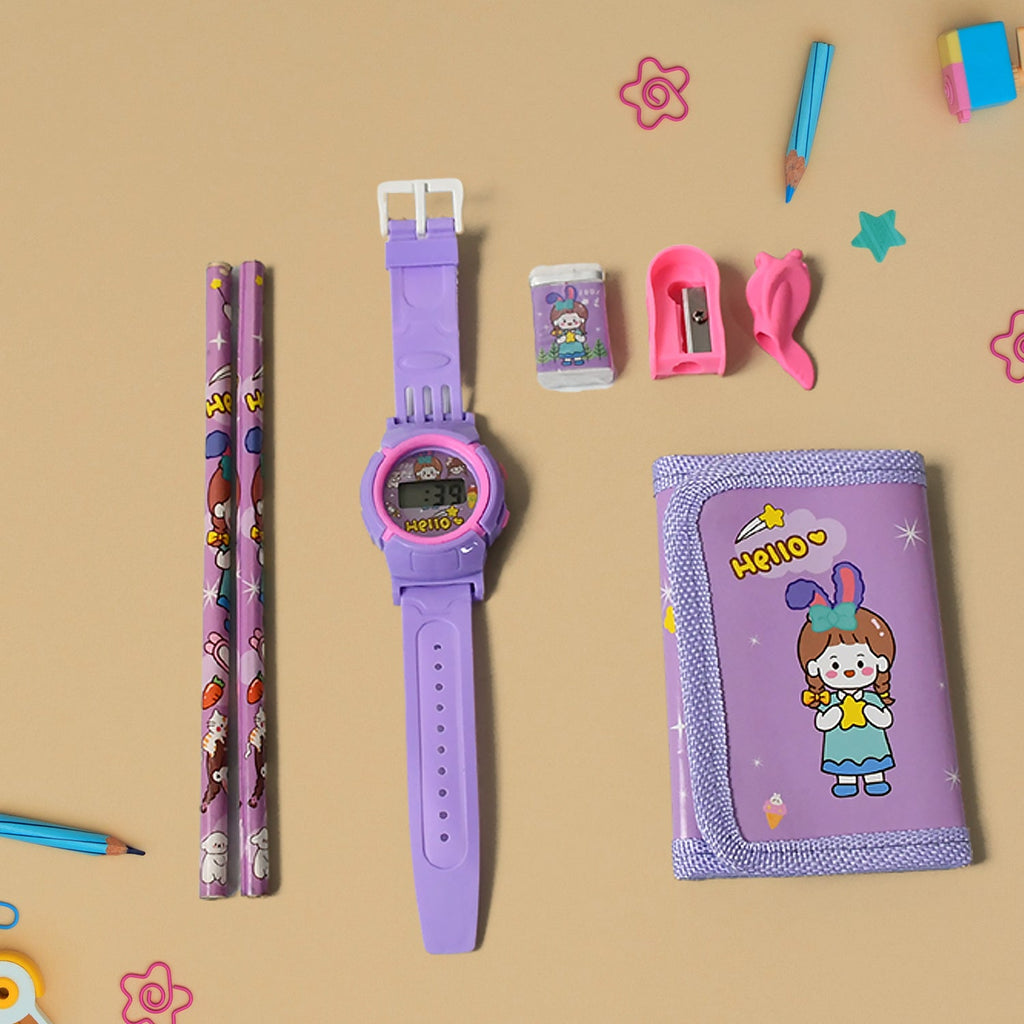 Fun kids watch included as part of the 7-in-1 school stationery kit.
