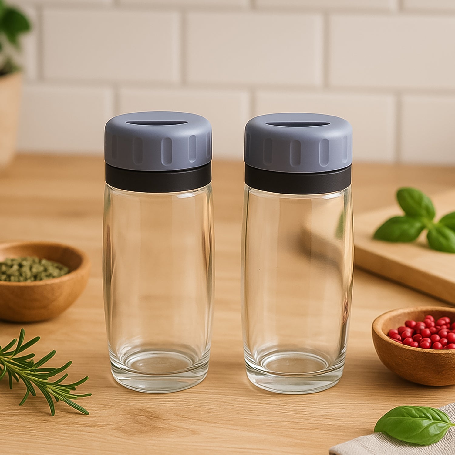 Close-up of transparent acrylic salt and pepper shakers with flip-top lids by Apex