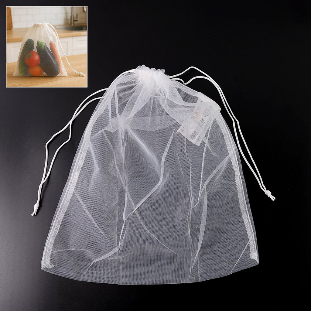 Mesh bag with green drawstring loop for easy carrying and storage