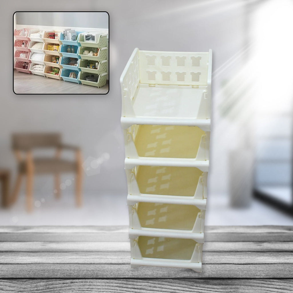 5-layer stackable storage cart for organizing clothes and essentials in a home.