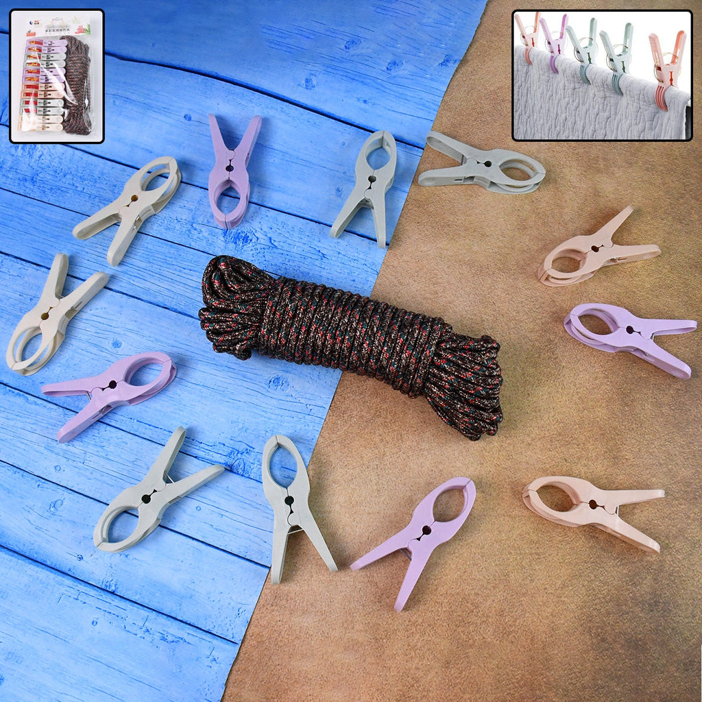 Cloth drying rope with clips set showing rope and twelve clips
