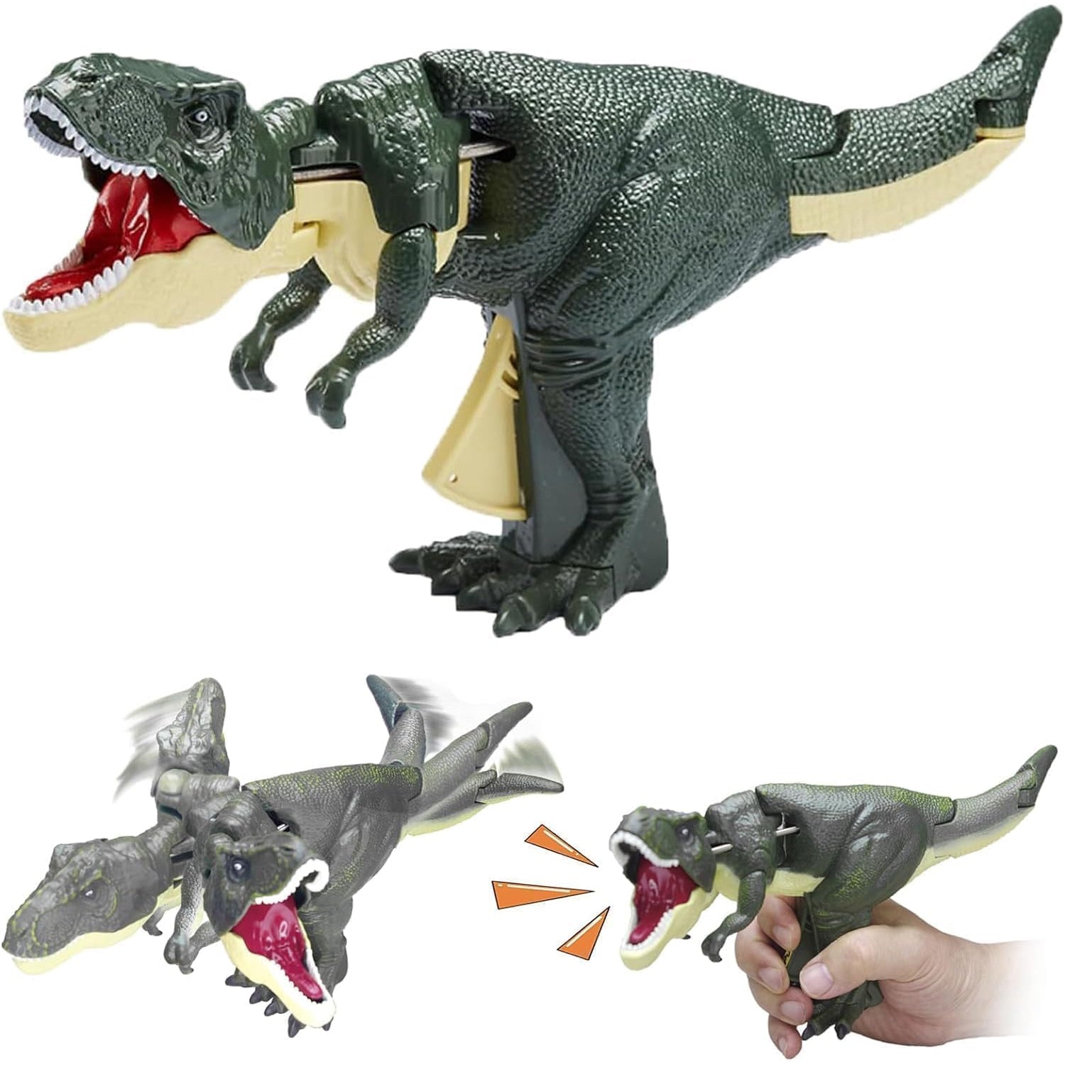 Front view of the detailed dinosaur roaring toy with its mouth open.