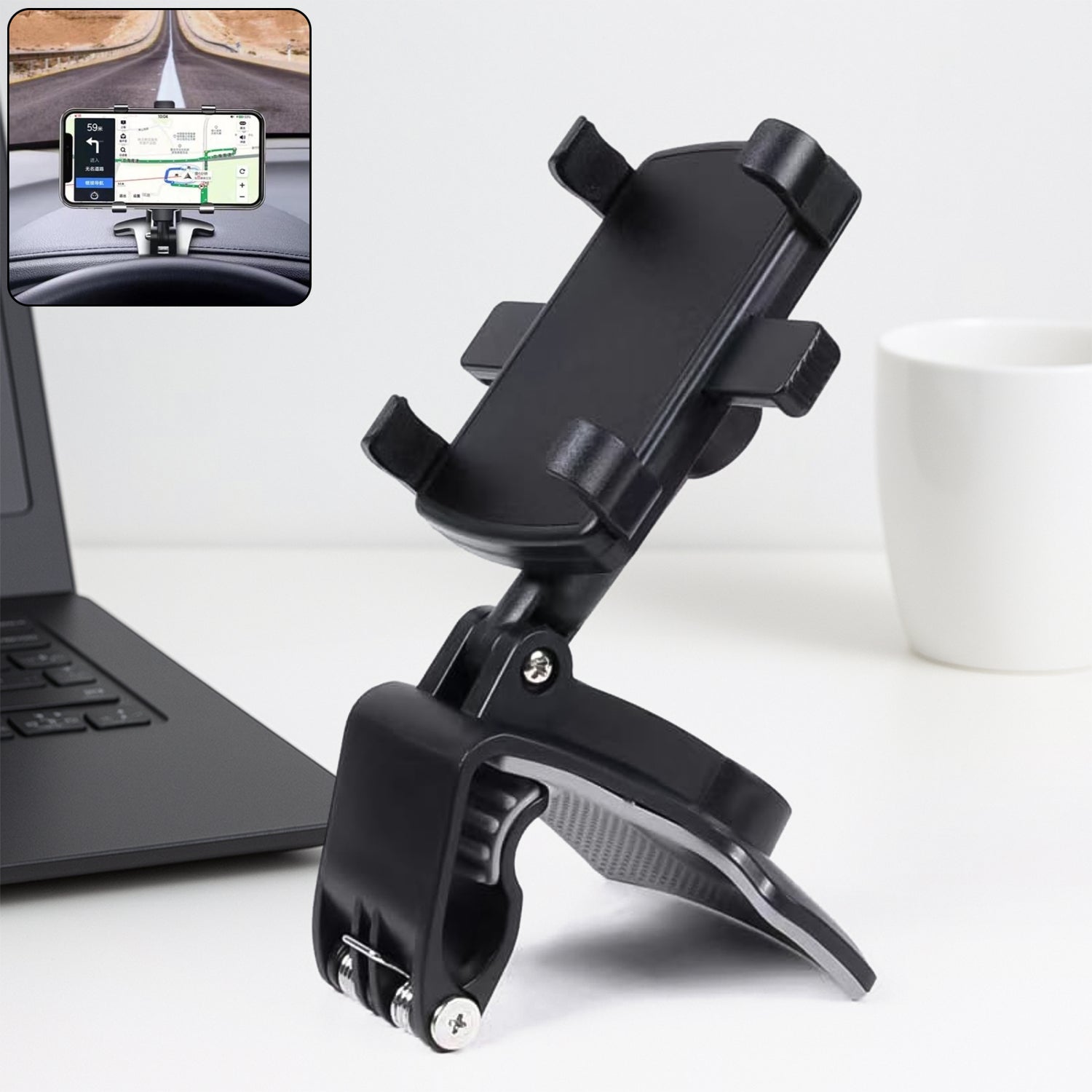 Universal mobile phone holder securely attached to car dashboard with clip mount